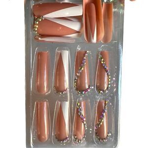 Glossy Coffin French Nude Ballerina PressOn Nails & Crystal Embell…